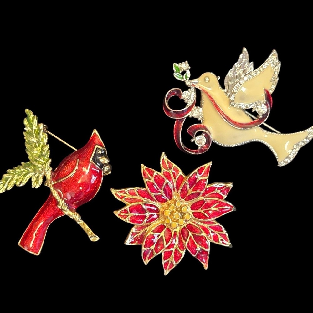 Vintage Holiday Brooch Set Christmas Rhinestone Cardinal Poinsettia Dove Enamel